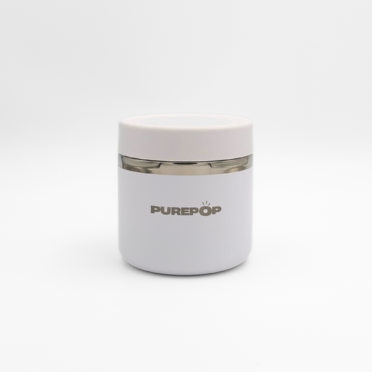 The Food Flask | Frost White by Purepop features a sleek white cylindrical design with a silver band and bold branding, showcased against a plain white background for a modern touch.