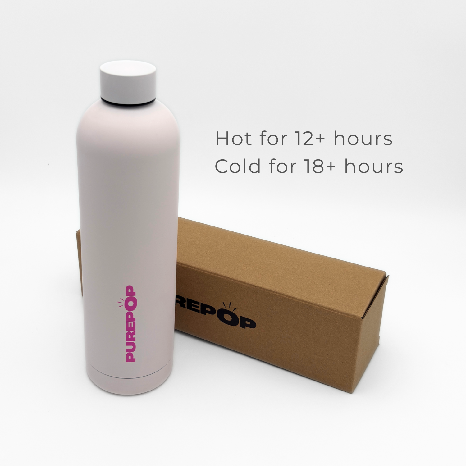 A Cloud Pink Core Series Plus double-walled stainless steel bottle stands next to a brown box. Text beside them reads: Hot for 12+ hours, Cold for 18+ hours.