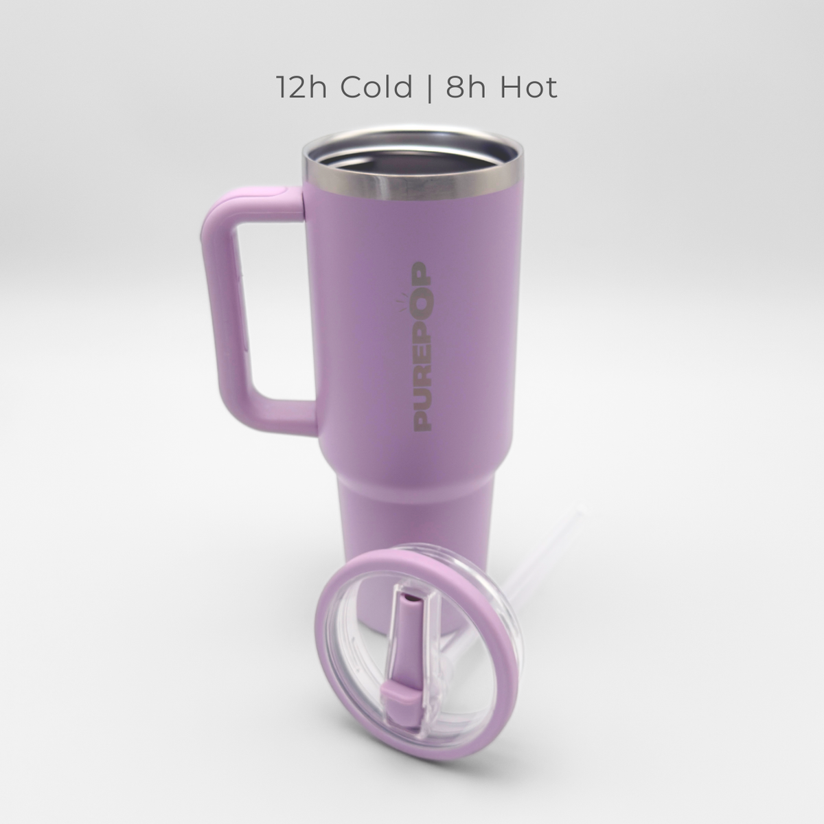 The PurePop™ Carry Series travel mug in Soft Lilac comes with a handle, clear lid, and straw. Text above highlights: 12h Cold | 8h Hot.