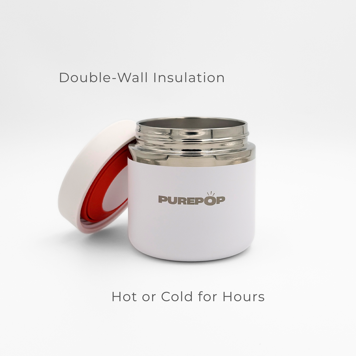 A Purepop Food Flask | Frost White with a red-sealed lid sits on a plain white background. "Double-Wall Insulation" appears above and "Hot or Cold for Hours" below, highlighting its sleek, travel-friendly design.