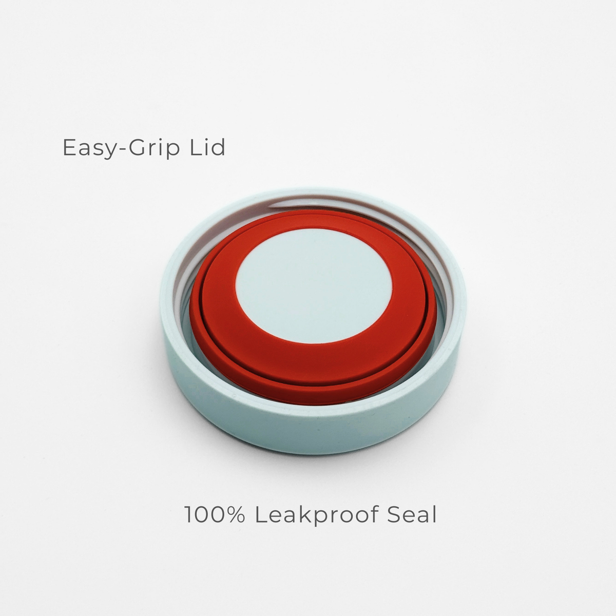 A round, Frost White Purepop Food Flask Easy-Grip Lid is shown on a white background, with text emphasizing its 100% leakproof seal for convenience and reliability.