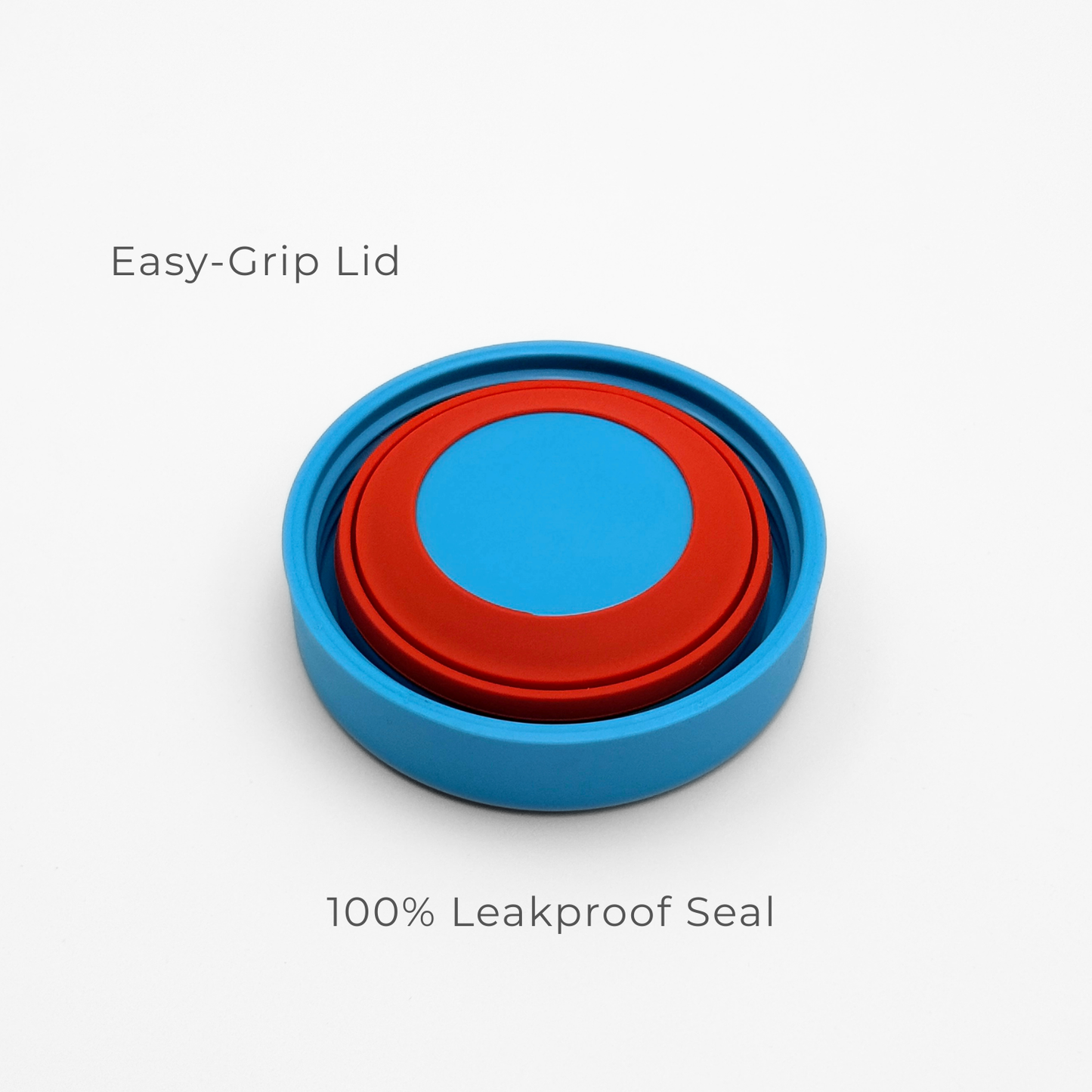 The Purepop Food Flask in Pacific Blue features a blue and red round lid with Easy-Grip technology on top and a 100% Leakproof Seal below, shown against a white background.