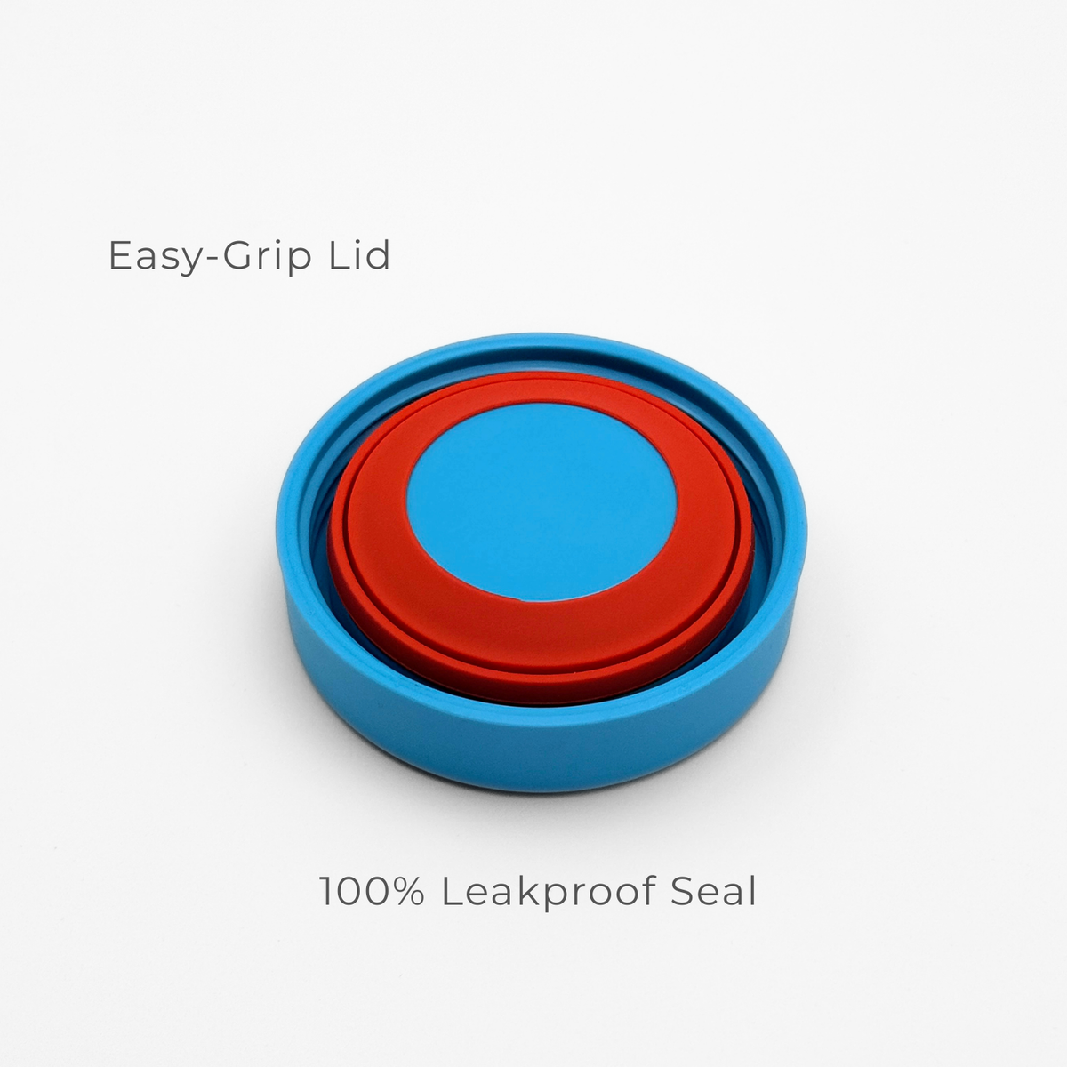 The Purepop Food Flask in Pacific Blue features a blue and red round lid with Easy-Grip technology on top and a 100% Leakproof Seal below, shown against a white background.
