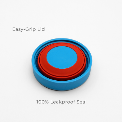 The Purepop Food Flask in Pacific Blue features a blue and red round lid with Easy-Grip technology on top and a 100% Leakproof Seal below, shown against a white background.