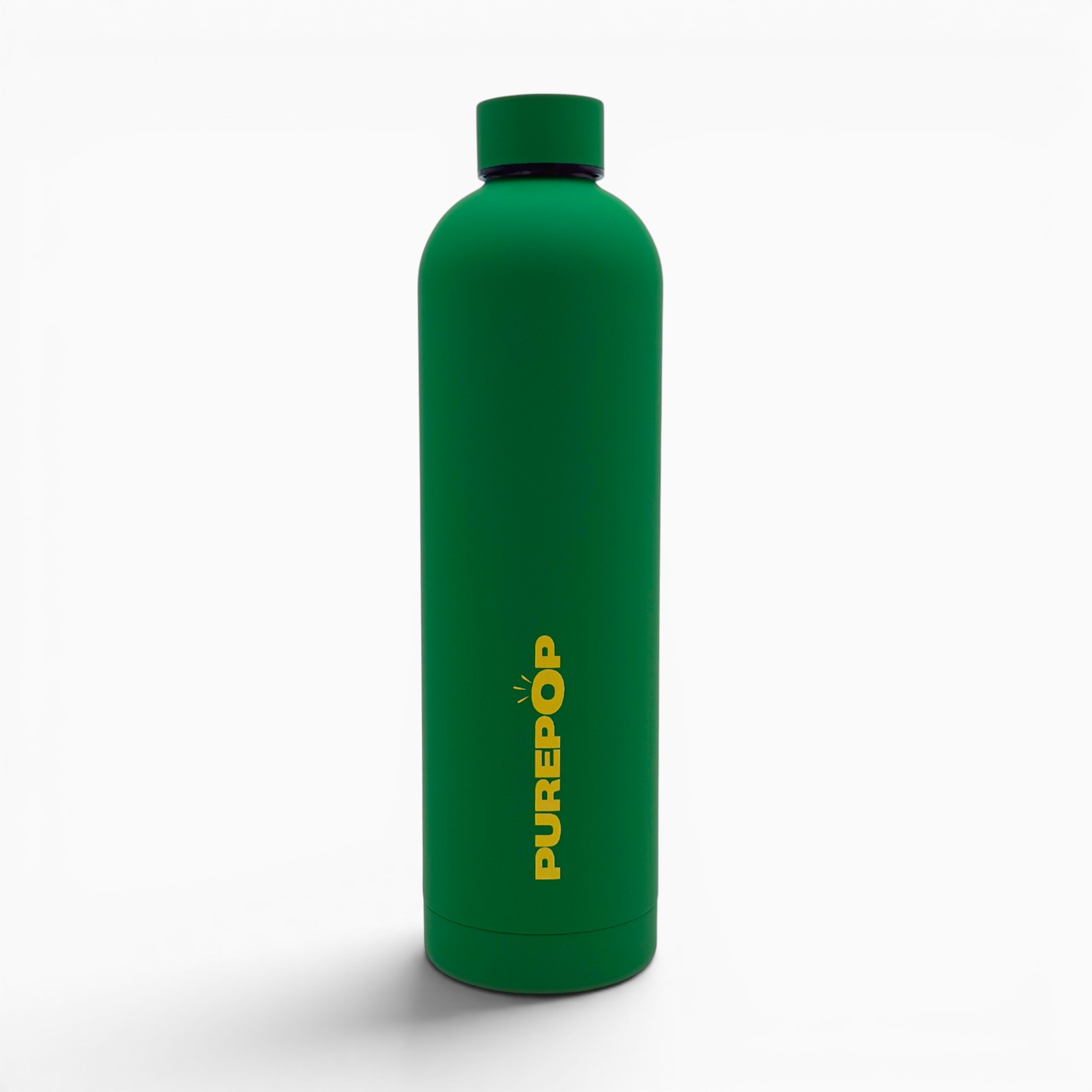 A green stainless steel thermal bottle from the Core Series Plus | Green & Gold stands upright on a white background. The word PUREPOP is printed vertically in bold yellow letters on the front of this leakproof water bottle, which features a matching cap.
