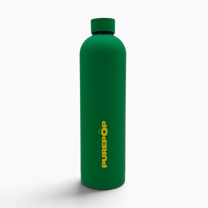 A green stainless steel thermal bottle from the Core Series Plus | Green & Gold stands upright on a white background. The word PUREPOP is printed vertically in bold yellow letters on the front of this leakproof water bottle, which features a matching cap.