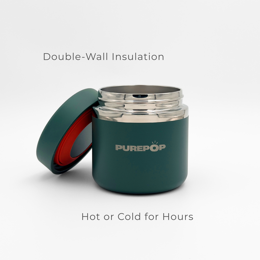 A Midnight Green Food Flask by Purepop with its lid off reveals a stainless-steel interior. Above it reads “Double-Wall Insulation,” and below, “Hot or Cold for Hours”—ideal for keeping your drink at the perfect temperature.