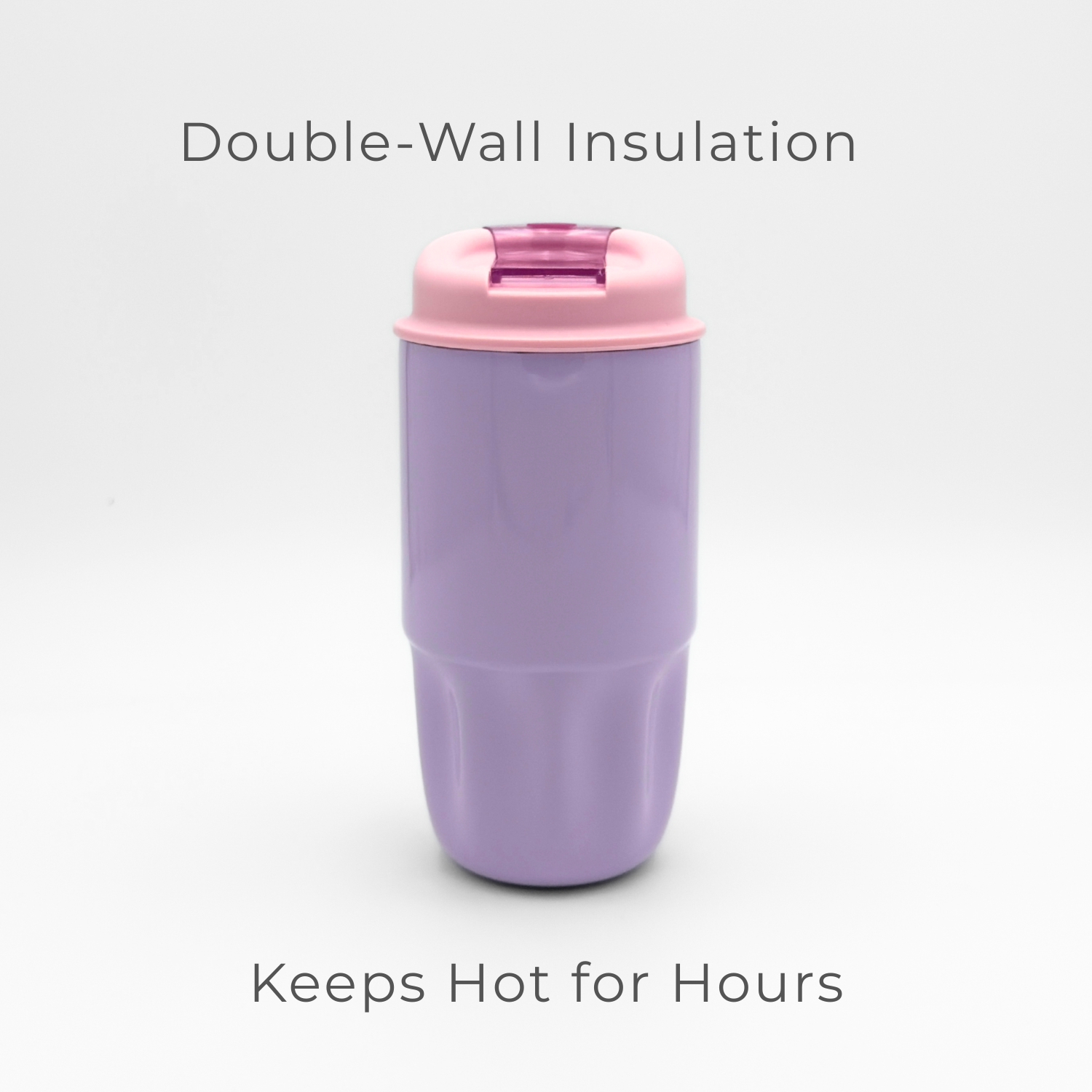 A Soft Lilac Sip Series travel mug is centered on a white background. Text above reads “Double-Wall Insulation,” and below reads “Keeps Hot for Hours.”.