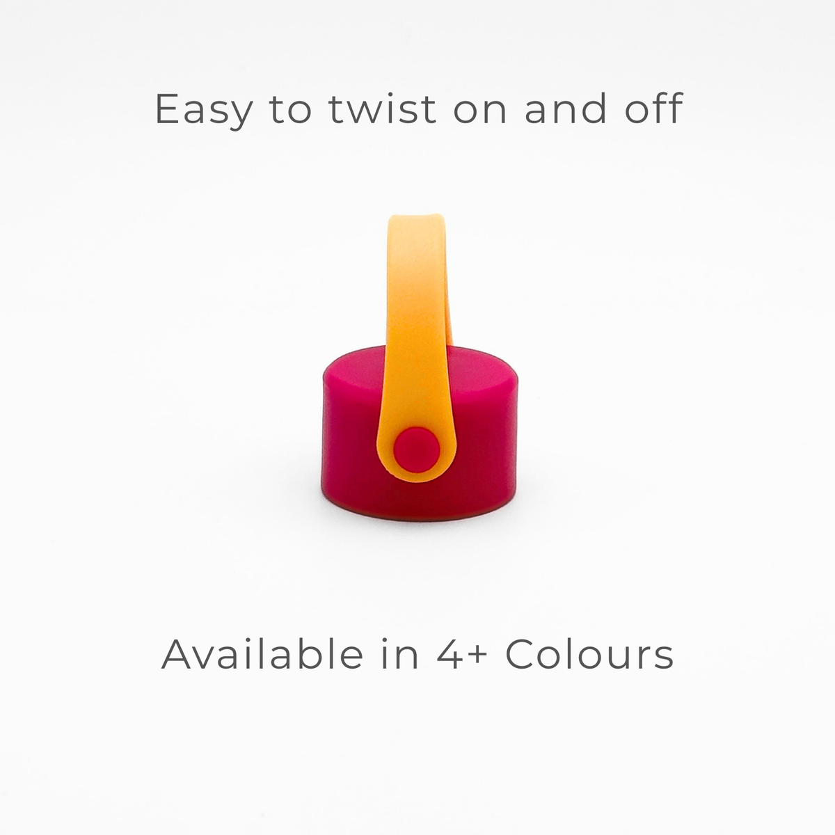 A magenta bottle cap with a gold carry lid, designed for the Core Series flask, is centered on a white background. Text above reads Easy to twist on and off, and text below says Available in 4+ Colours. This Core Series | Carry Lid | Magenta & Gold features a reliable leakproof seal for added convenience.