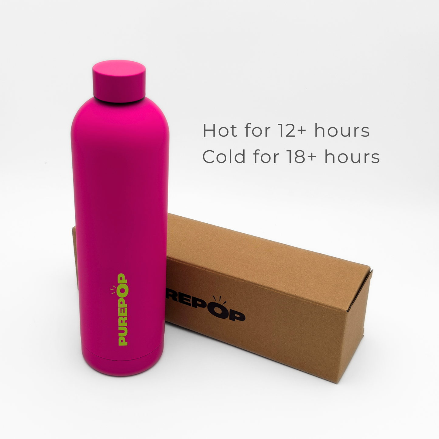 A vibrant Blush Magenta Core Series Plus insulated flask stands next to a brown box. Text beside them reads: Hot for 12+ hours, Cold for 18+ hours. This thermal stainless steel, leakproof water bottle keeps your drinks at the perfect temperature all day long.