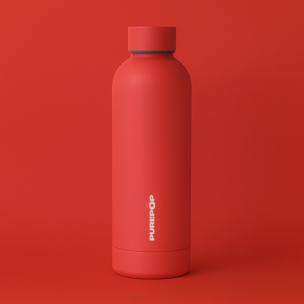 A matte red reusable water bottle with a screw-top lid stands upright on a matching red background. "PUREPOP" is printed vertically in white—pair the bottle with a Gift Card for the ideal gift.