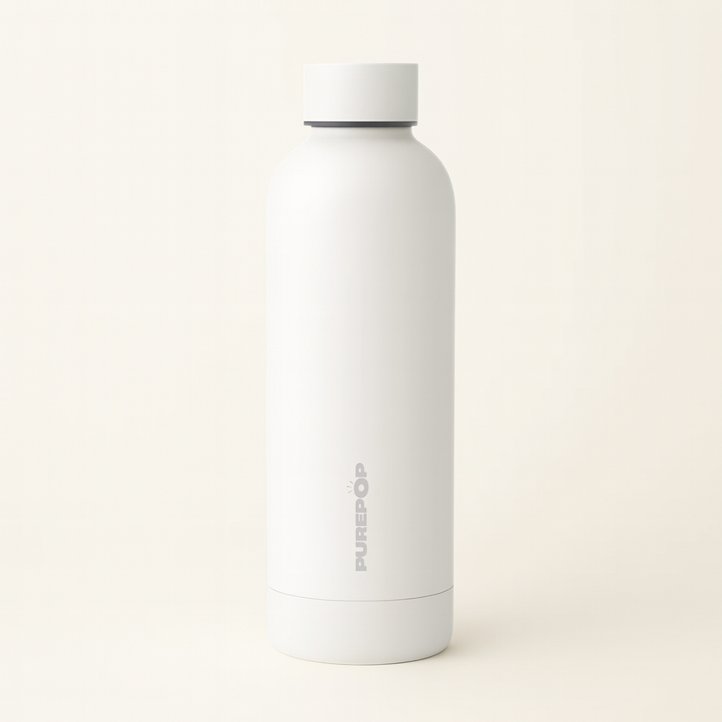 Pair a minimalist, modern white PUREPOP water bottle—featuring a screw-on lid and light gray vertical branding—with a Gift Card for the perfect present for fans of sleek, stylish essentials.
