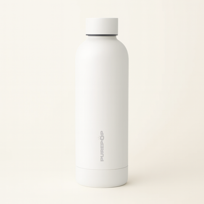 Pair a minimalist, modern white PUREPOP water bottle—featuring a screw-on lid and light gray vertical branding—with a Gift Card for the perfect present for fans of sleek, stylish essentials.
