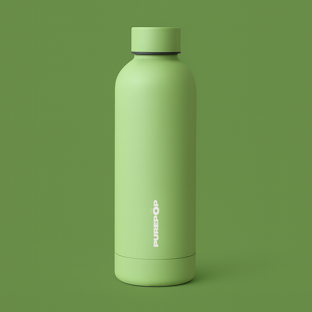 A matte light green water bottle with a matching cap stands upright on a green background, PUREPOP printed vertically in white—making it an ideal gift when paired with a Gift Card or other printable design cards.