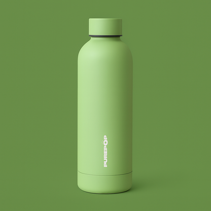 A matte light green water bottle with a matching cap stands upright on a green background, PUREPOP printed vertically in white—making it an ideal gift when paired with a Gift Card or other printable design cards.