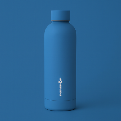 A Gift Card displayed with a matte blue reusable water bottle featuring "PUREPÖP" in white on the front, both standing upright against a matching blue background—an ideal pair for gifting.