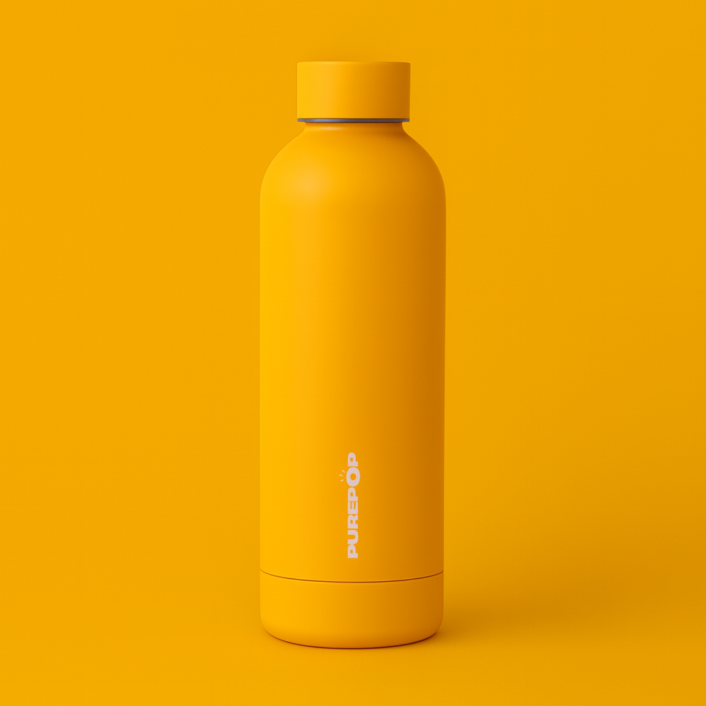 A matte yellow PUREPOP reusable water bottle with a rounded cap stands upright on a matching background.