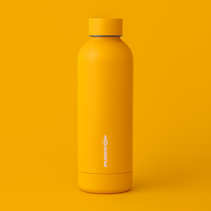 A matte yellow PUREPOP reusable water bottle with a rounded cap stands upright on a matching background.