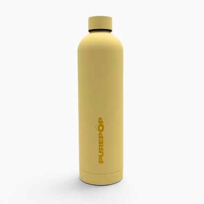 A Canary Yellow Core Series Plus flask with a black cap stands upright on a white background. The word PUREPOP is printed in vertical gold lettering along the side, emphasizing the bottle’s blend of modern style and dependable thermal insulation.