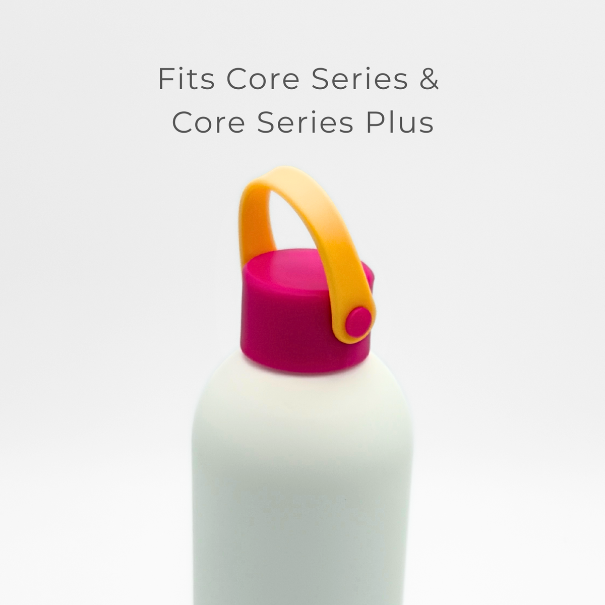 A white bottle with a magenta cap and a gold handle featuring a leakproof seal. Above the bottle, text reads: Fits Core Series & Core Series Plus.