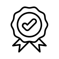 Black outline icon of an award ribbon with a checkmark in the center, symbolizing certified achievement or official approval on a plain white background.