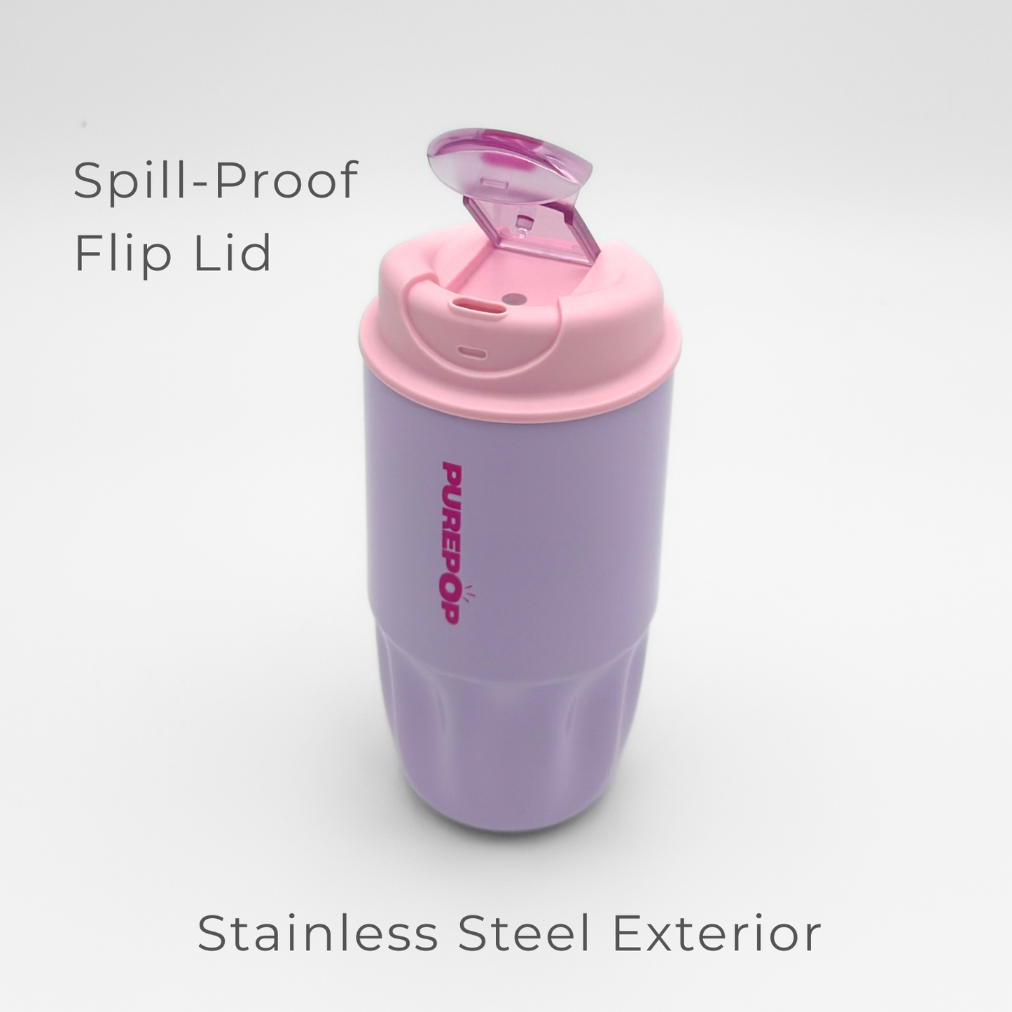 A Sip Series | Soft Lilac travel cup is shown, featuring a spill-proof flip lid, stainless steel exterior, and double-walled vacuum flask. The cup comes in soft lilac and blush pink tones.