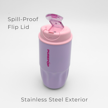 A Sip Series | Soft Lilac travel cup is shown, featuring a spill-proof flip lid, stainless steel exterior, and double-walled vacuum flask. The cup comes in soft lilac and blush pink tones.