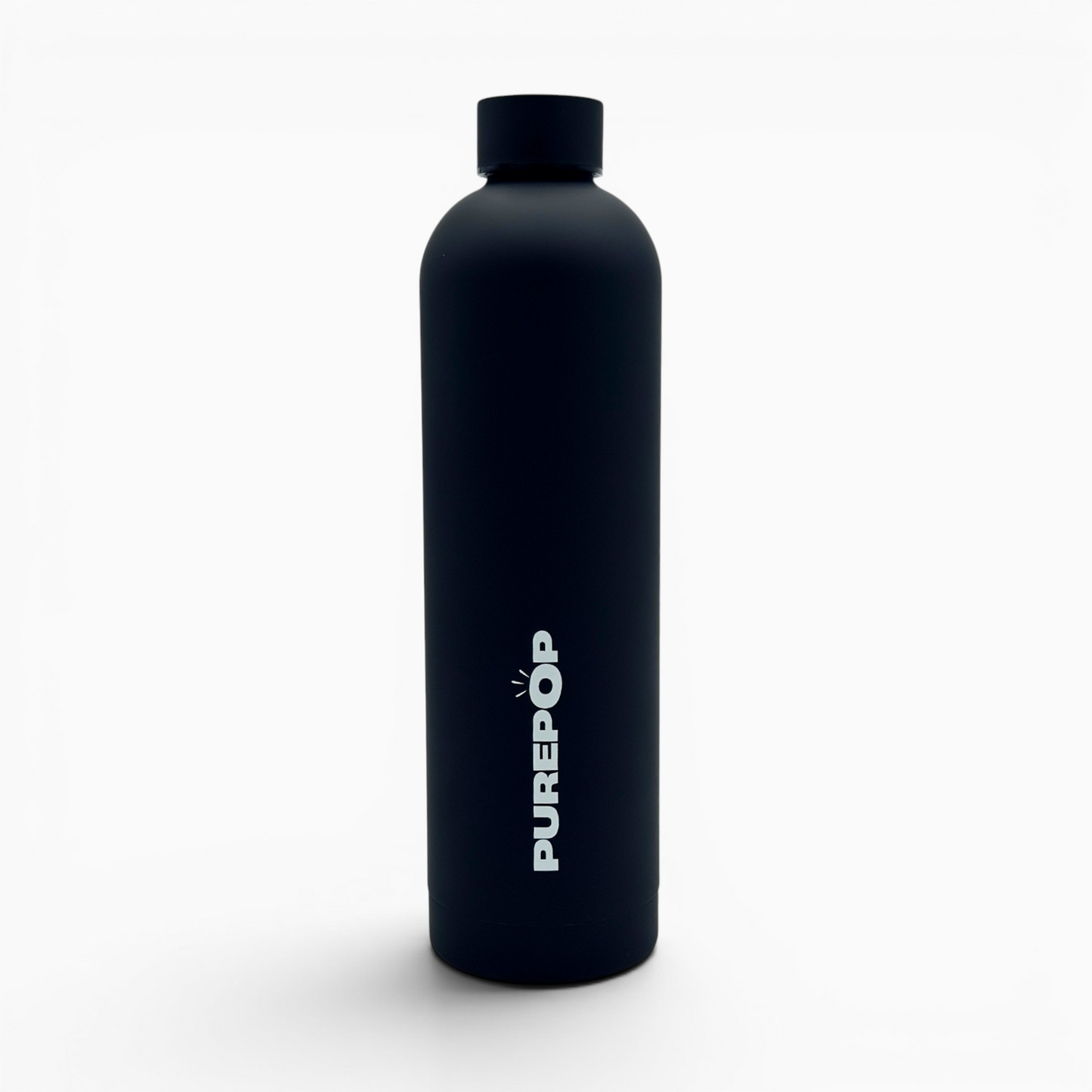 A matte black insulated flask from the Core Series Plus in Onyx Black stands upright with a screw cap. The word PUREPOP is printed vertically in bold white letters on the front against a plain white background.