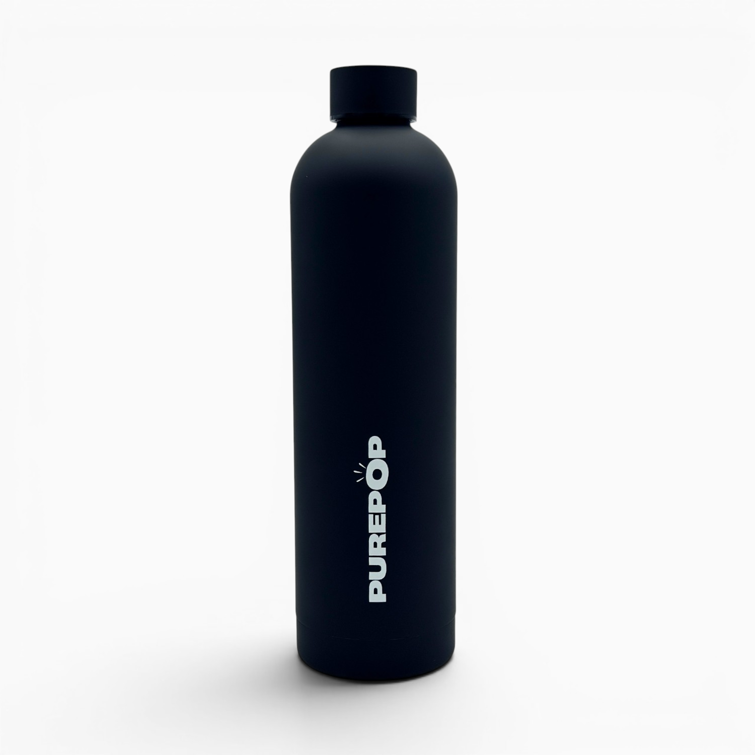 A matte black insulated flask from the Core Series Plus in Onyx Black stands upright with a screw cap. The word PUREPOP is printed vertically in bold white letters on the front against a plain white background.