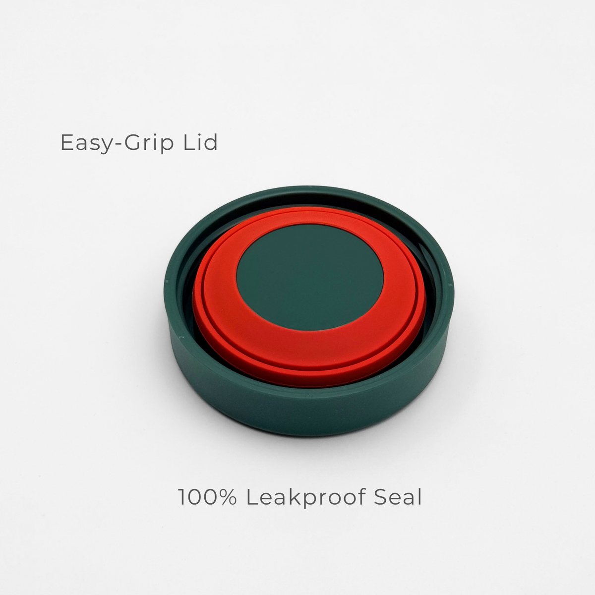 A Purepop Food Flask | Midnight Green with a round, green and red Easy-Grip Lid featuring a 100% Leakproof Seal sits on a plain white background.