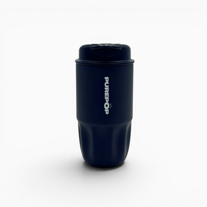 An Onyx Black reusable insulated bottle from the Sip Series with a secure, leakproof lid, featuring the “PUREPOP” logo printed vertically in white on the side, set against a plain white background.