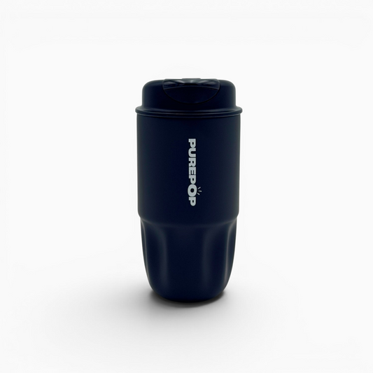An Onyx Black reusable insulated bottle from the Sip Series with a secure, leakproof lid, featuring the “PUREPOP” logo printed vertically in white on the side, set against a plain white background.