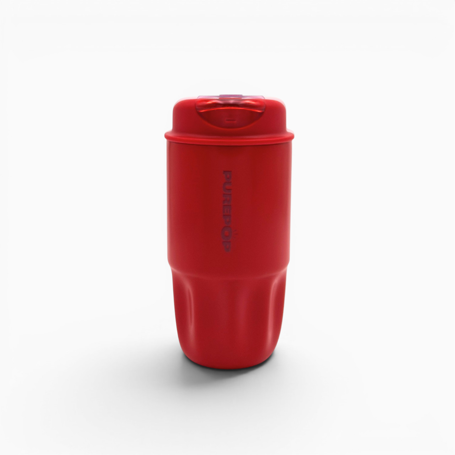 A Chili Red insulated travel mug from the Sip Series stands upright on a white background. The word PURECUP is printed vertically along the side, emphasizing its premium design. This leakproof coffee cup keeps your drinks hot or cold for hours, making it ideal for travel and daily use.