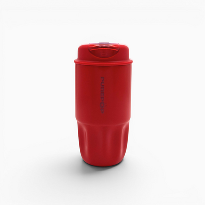 A Chili Red insulated travel mug from the Sip Series stands upright on a white background. The word PURECUP is printed vertically along the side, emphasizing its premium design. This leakproof coffee cup keeps your drinks hot or cold for hours, making it ideal for travel and daily use.