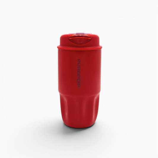 A Chili Red insulated travel mug from the Sip Series stands upright on a white background. The word PURECUP is printed vertically along the side, emphasizing its premium design. This leakproof coffee cup keeps your drinks hot or cold for hours, making it ideal for travel and daily use.