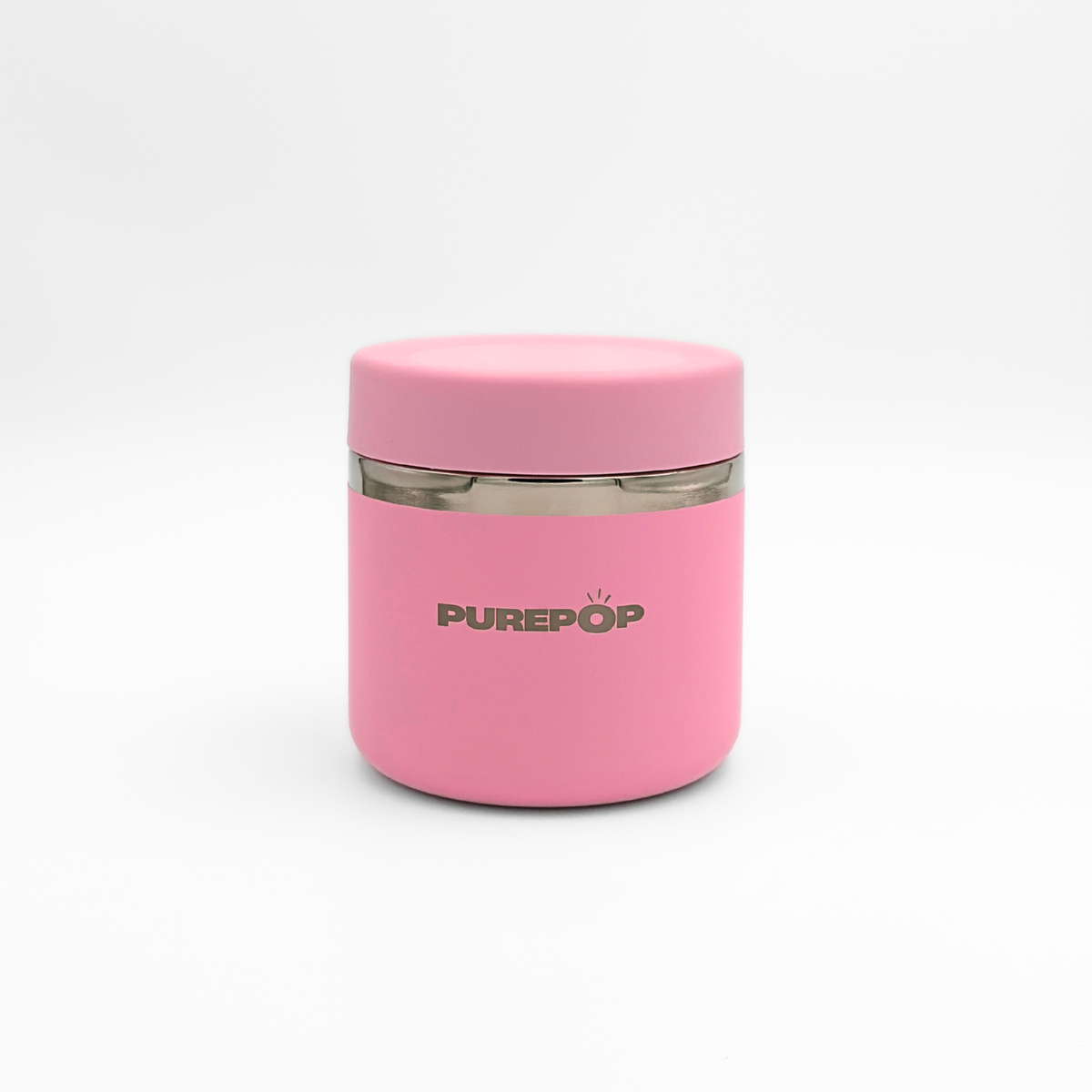 A Pastel Pink Purepop Food Flask with a silver band near the top is shown against a plain white background.