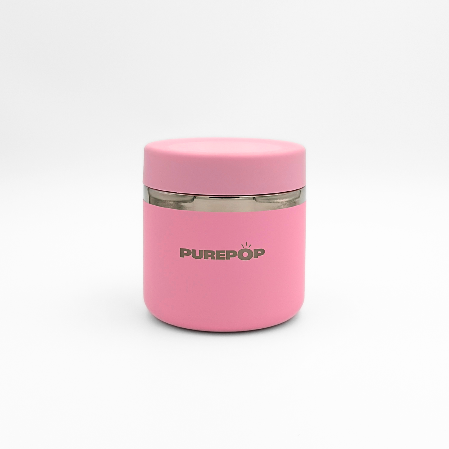 A Pastel Pink Purepop Food Flask with a silver band near the top is shown against a plain white background.