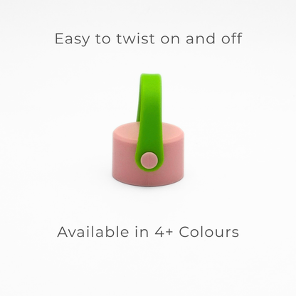 A Core Series | Carry Lid in Pink & Lime is displayed upright on a white background. Text above reads, Easy to twist on and off, and below, Available in 4+ Colours. This lid features a leakproof seal and fits perfectly with your Core Series flask.