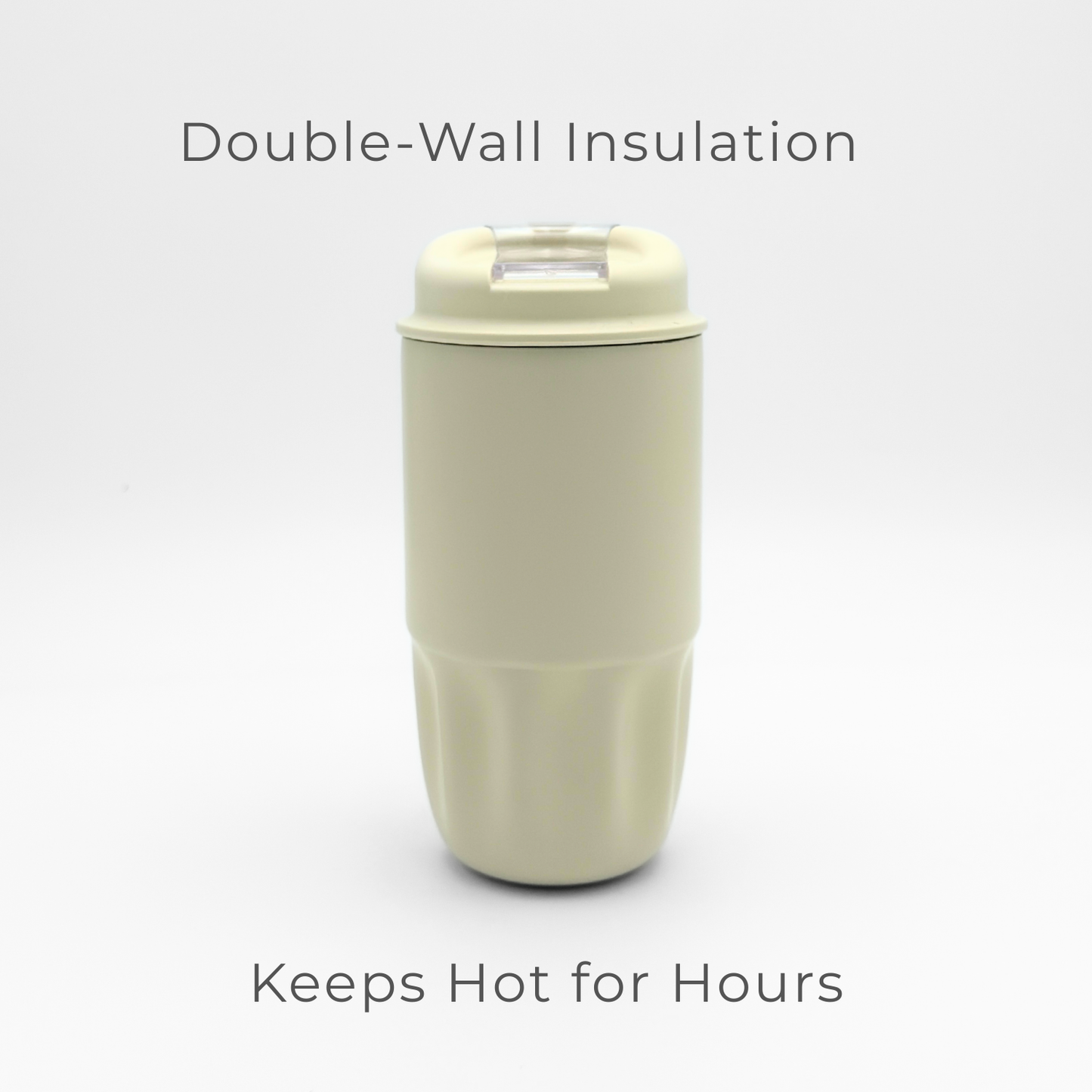 An ivory reusable coffee cup from the Sip Series, featuring double-wall insulation and a clear, leakproof lid, is centered on a white background. Text above reads Double-Wall Insulation and below reads Keeps Hot for Hours.