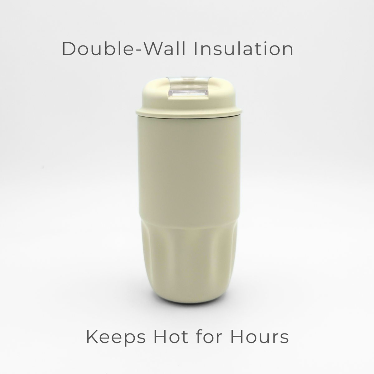 An ivory reusable coffee cup from the Sip Series, featuring double-wall insulation and a clear, leakproof lid, is centered on a white background. Text above reads Double-Wall Insulation and below reads Keeps Hot for Hours.