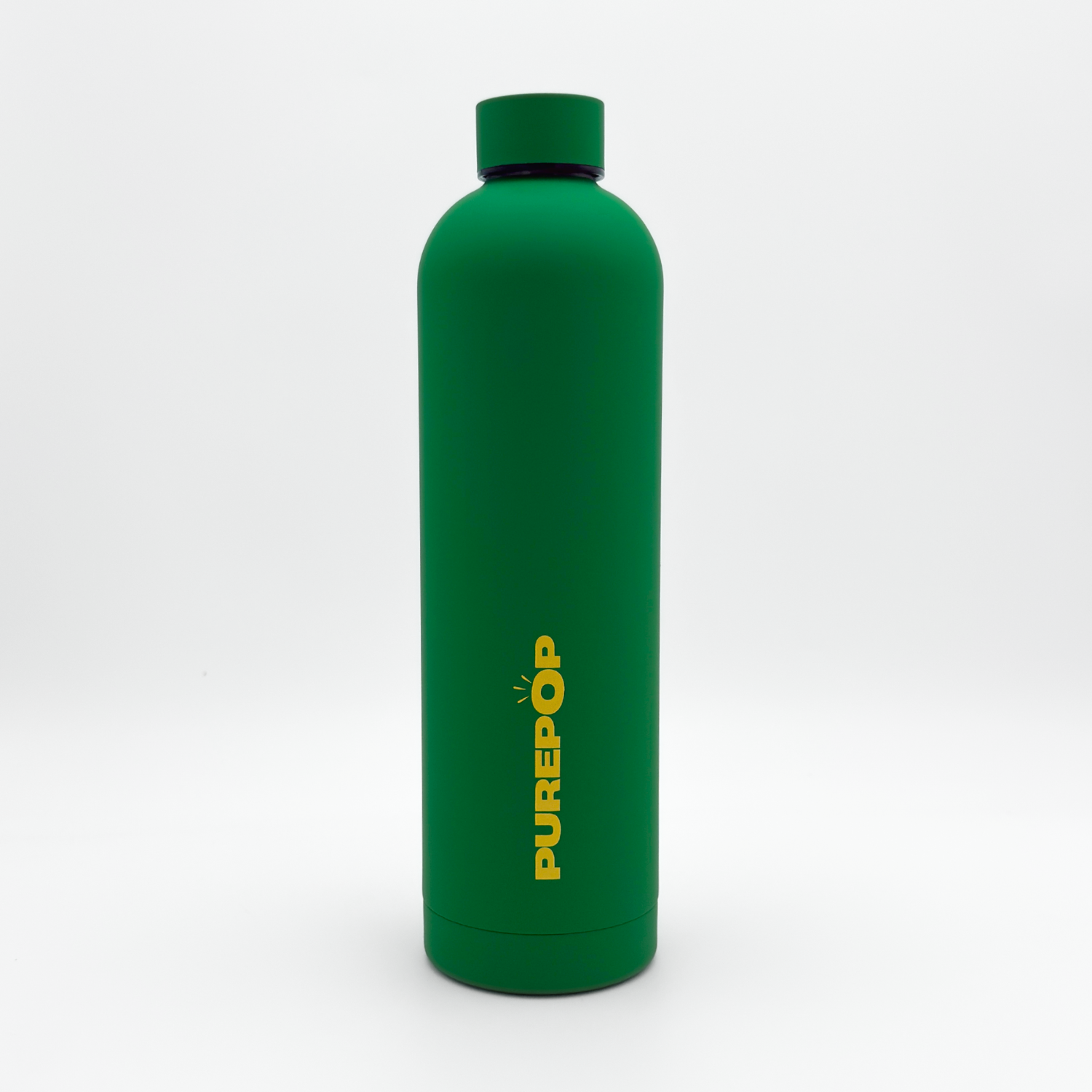 A Core Series Plus | Green & Gold leakproof water bottle stands upright against a plain white background, featuring the word PUREPOP printed vertically in yellow on the front. Crafted from double-walled stainless steel, this insulated flask keeps your drinks at the ideal temperature while offering both style and eco-friendly design.