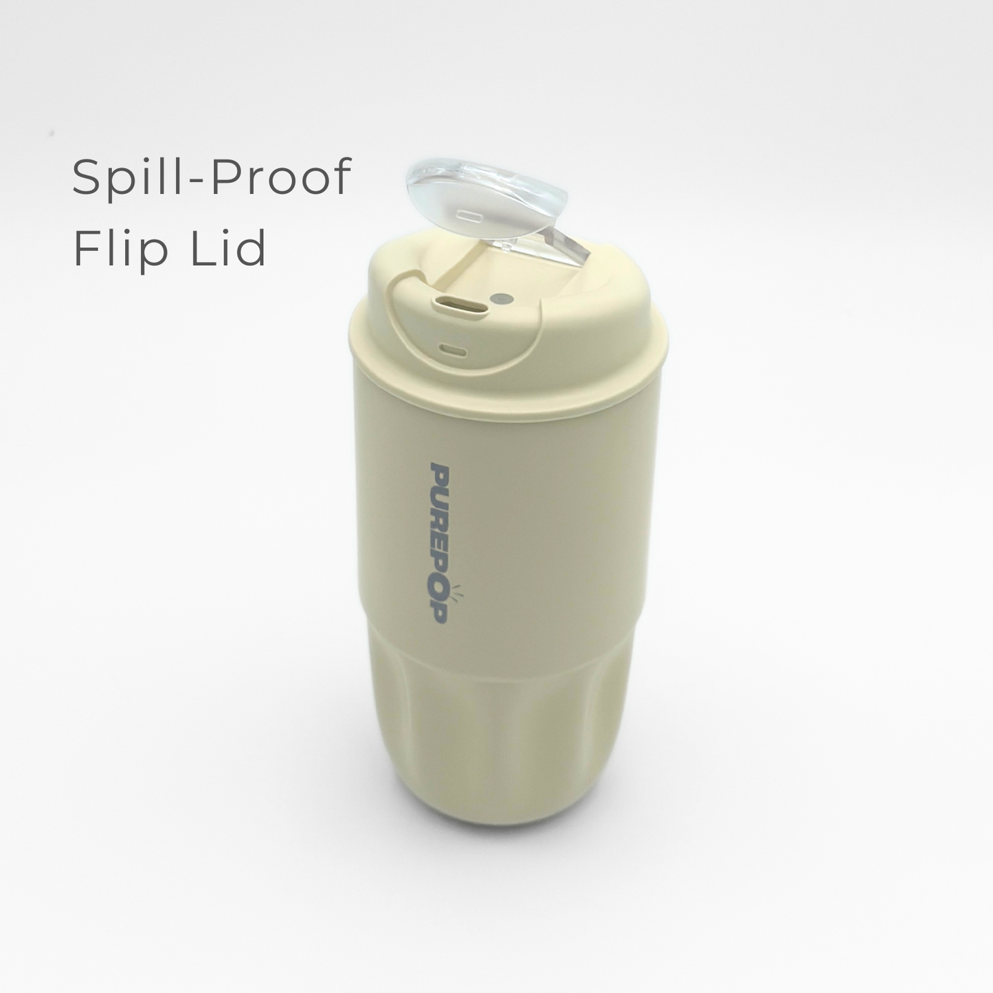 Ivory reusable coffee cup from the Sip Series, featuring a spill-proof flip lid shown open. The words "Spill-Proof Flip Lid" are displayed on the left side. This double-walled vacuum flask is branded PUREPOP, set against a plain white background.