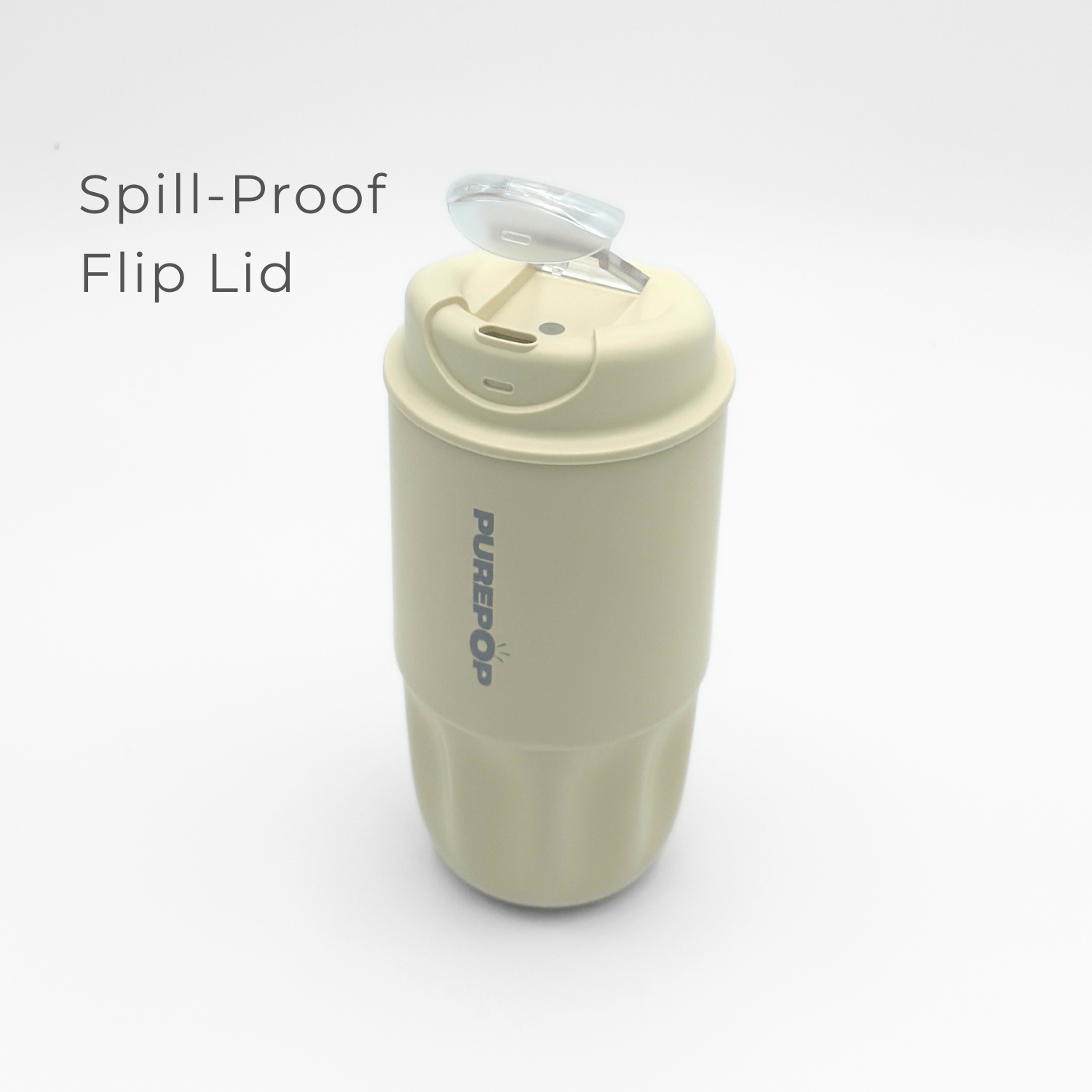 Ivory reusable coffee cup from the Sip Series, featuring a spill-proof flip lid shown open. The words "Spill-Proof Flip Lid" are displayed on the left side. This double-walled vacuum flask is branded PUREPOP, set against a plain white background.