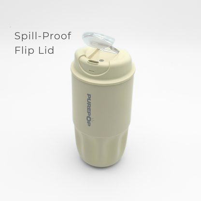Ivory reusable coffee cup from the Sip Series, featuring a spill-proof flip lid shown open. The words "Spill-Proof Flip Lid" are displayed on the left side. This double-walled vacuum flask is branded PUREPOP, set against a plain white background.
