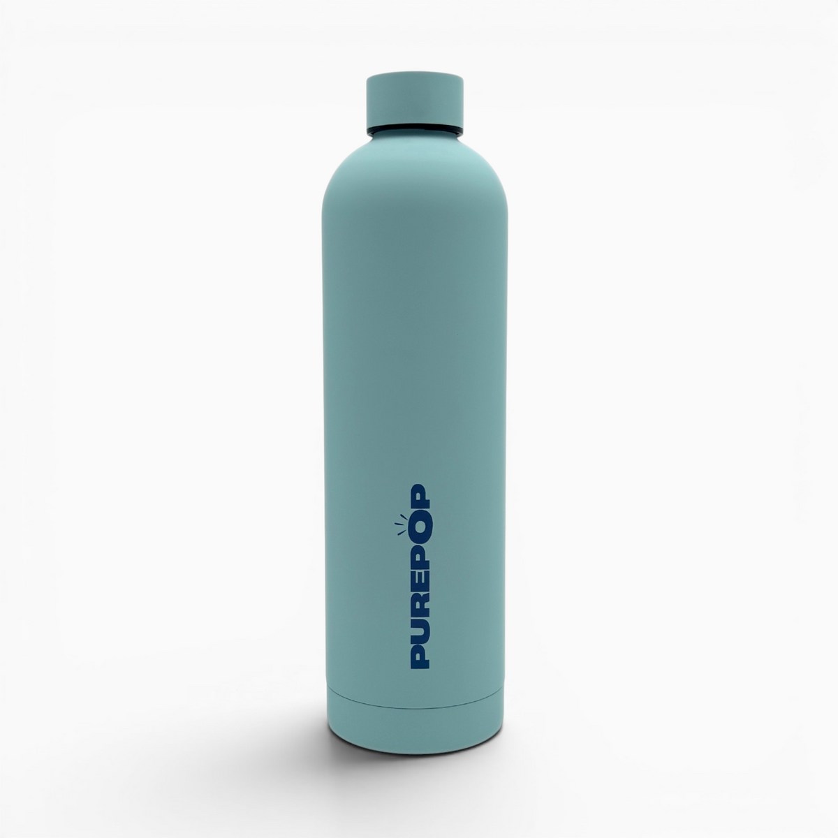 A tall, ice blue double-walled stainless steel bottle from the Core Series Plus collection with a matching cap. The word PUREPOP is printed vertically in dark blue letters on the front. The background is plain white.