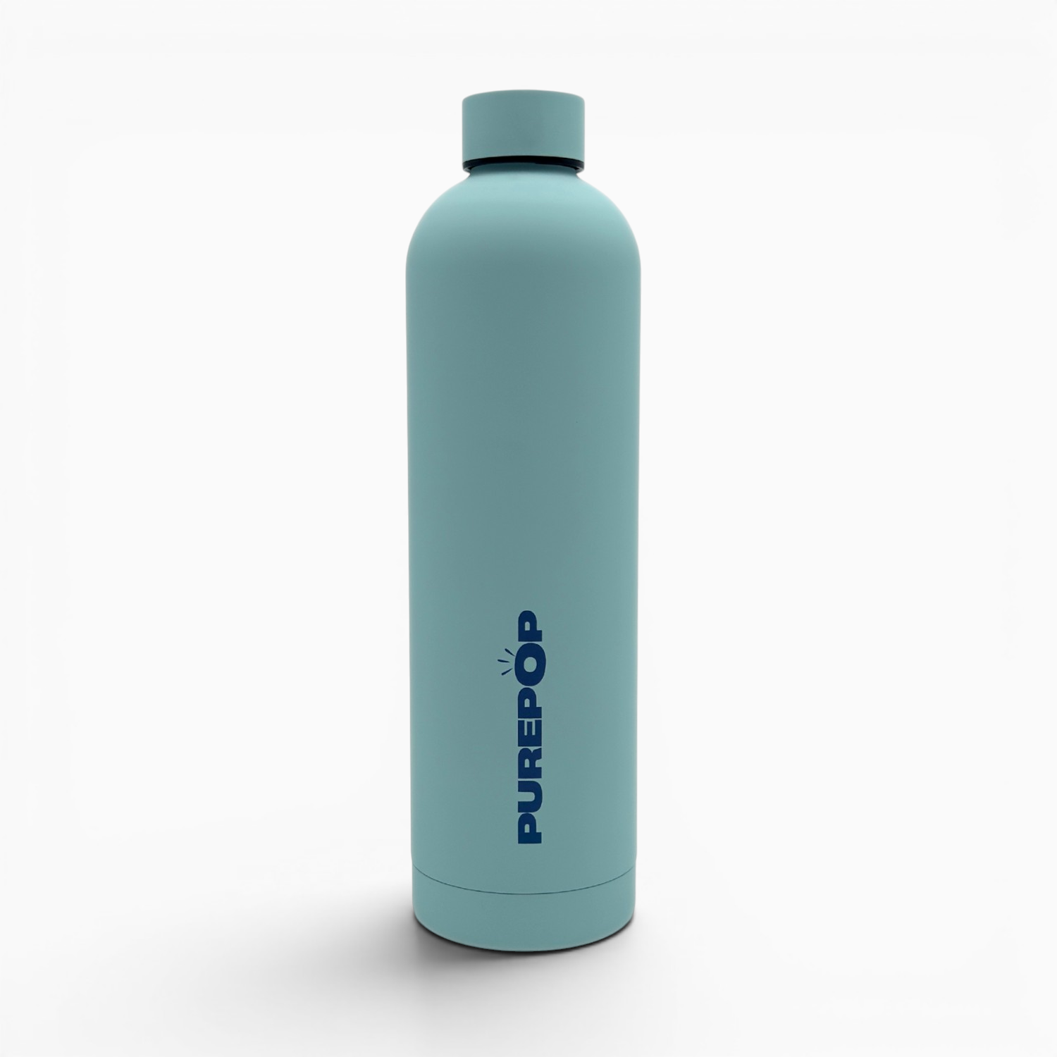 A tall, ice blue double-walled stainless steel bottle from the Core Series Plus collection with a matching cap. The word PUREPOP is printed vertically in dark blue letters on the front. The background is plain white.