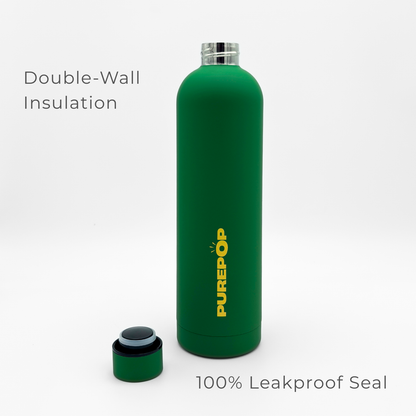 Core Series Plus | Green & Gold insulated flask stands upright with its cap removed and placed beside it. This green water bottle features the PUREPOP logo in yellow and is crafted with double-walled stainless steel construction for superior temperature retention, along with a 100% leakproof seal. The text "Double-Wall Insulation and 100% Leakproof Seal" appears on a white background.