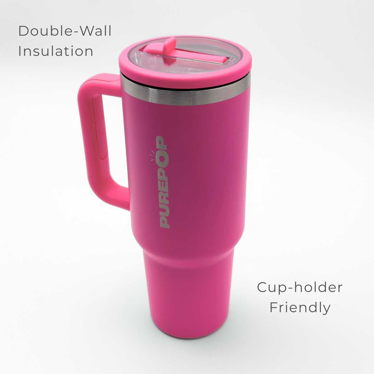 The PurePop™ Carry Series travel mug in Hot Pink features double-wall insulation, a secure lid, and a handle. Its cup-holder friendly design keeps drinks at the ideal temperature while you’re on the go.
