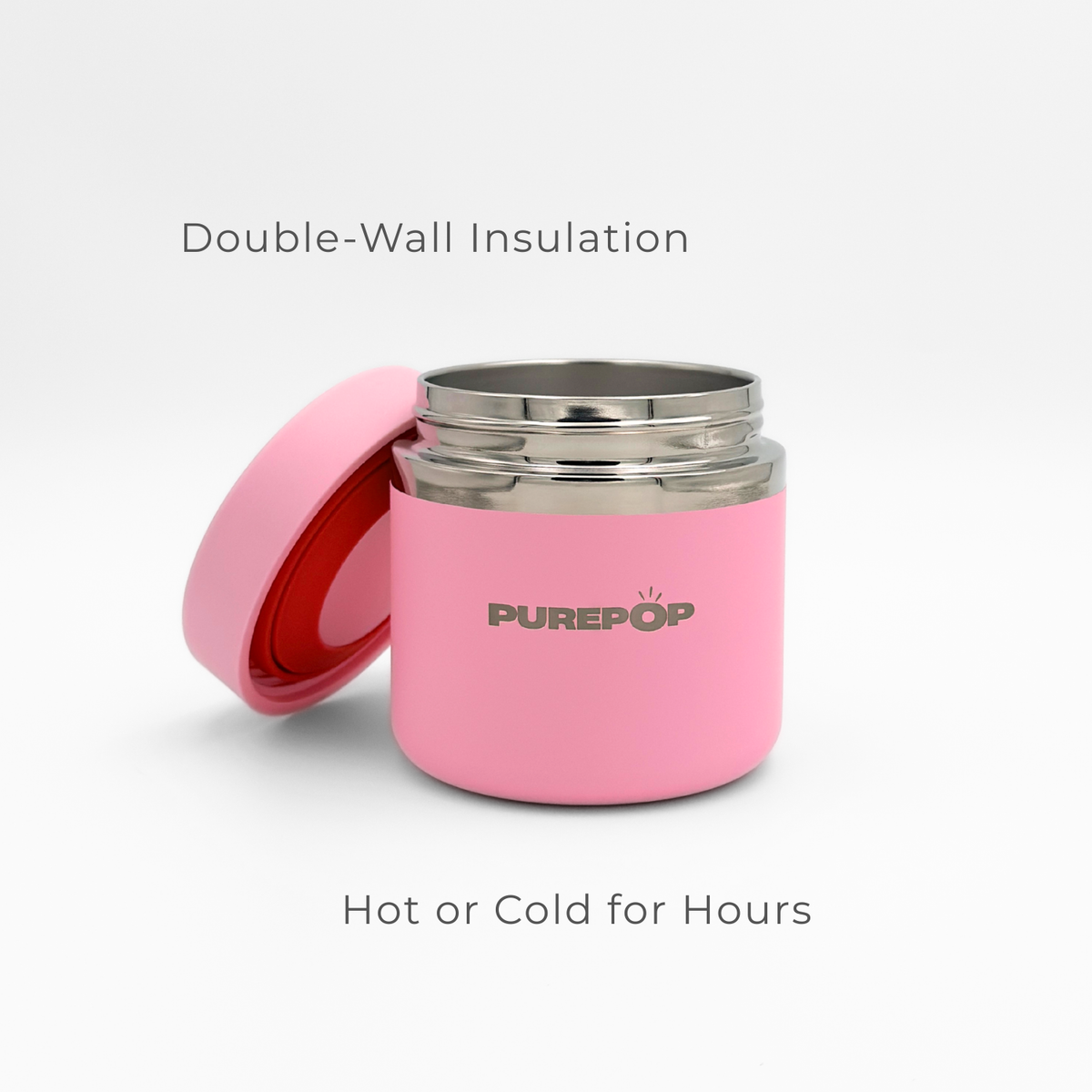 A Purepop Food Flask in Pastel Pink sits open, showing its stainless steel interior. Above it reads “Double-Wall Insulation,” and below, “Hot or Cold for Hours,” showcasing Purepop’s long-lasting temperature control.