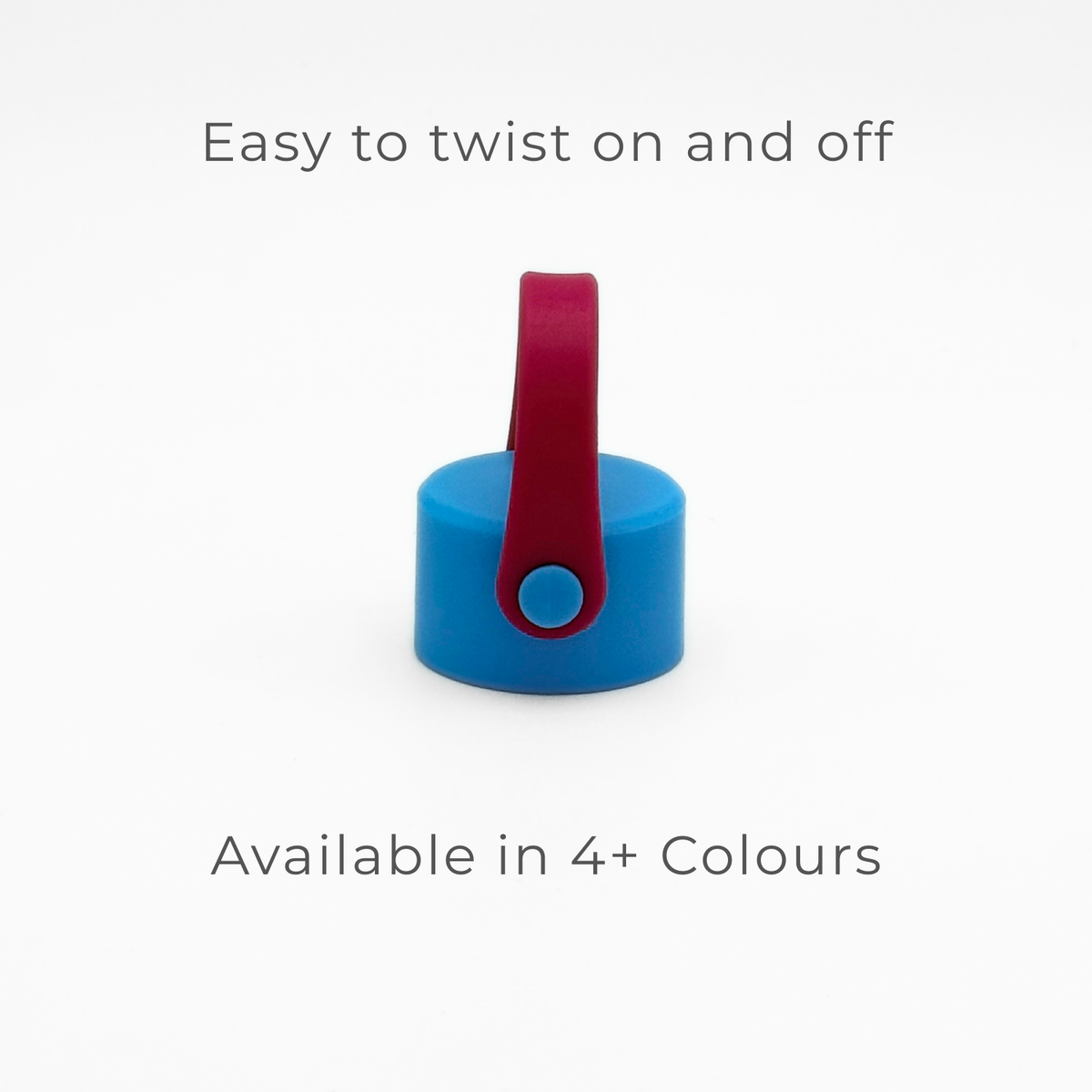 Centered on a white background, the Carry Lid in Crimson & Blue from the Core Series is shown. Text above reads Easy to twist on and off, and below reads Leakproof seal for the Core Series flask—Available in 4+ Colours.